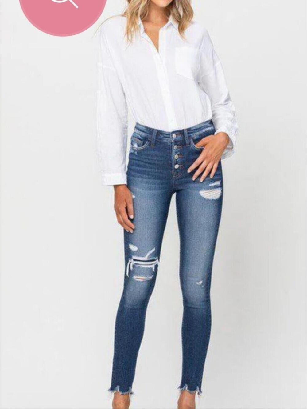 Button-Fly Distressed Skinny Jeans in Medium Blue